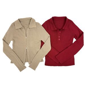 SHEIN Lot of Two Ribbed Sweaters L Slim Fit Polo Tops Zip Gray Red NWT B41